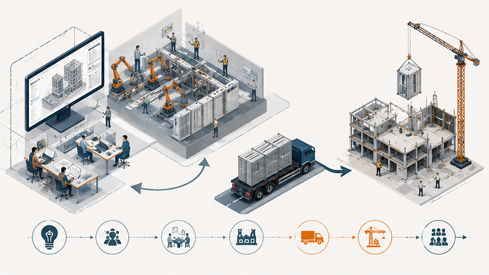 Conceptual DfMA workflow connecting coordinated digital design, off-site manufacturing, logistics, and on-site modular assembly.