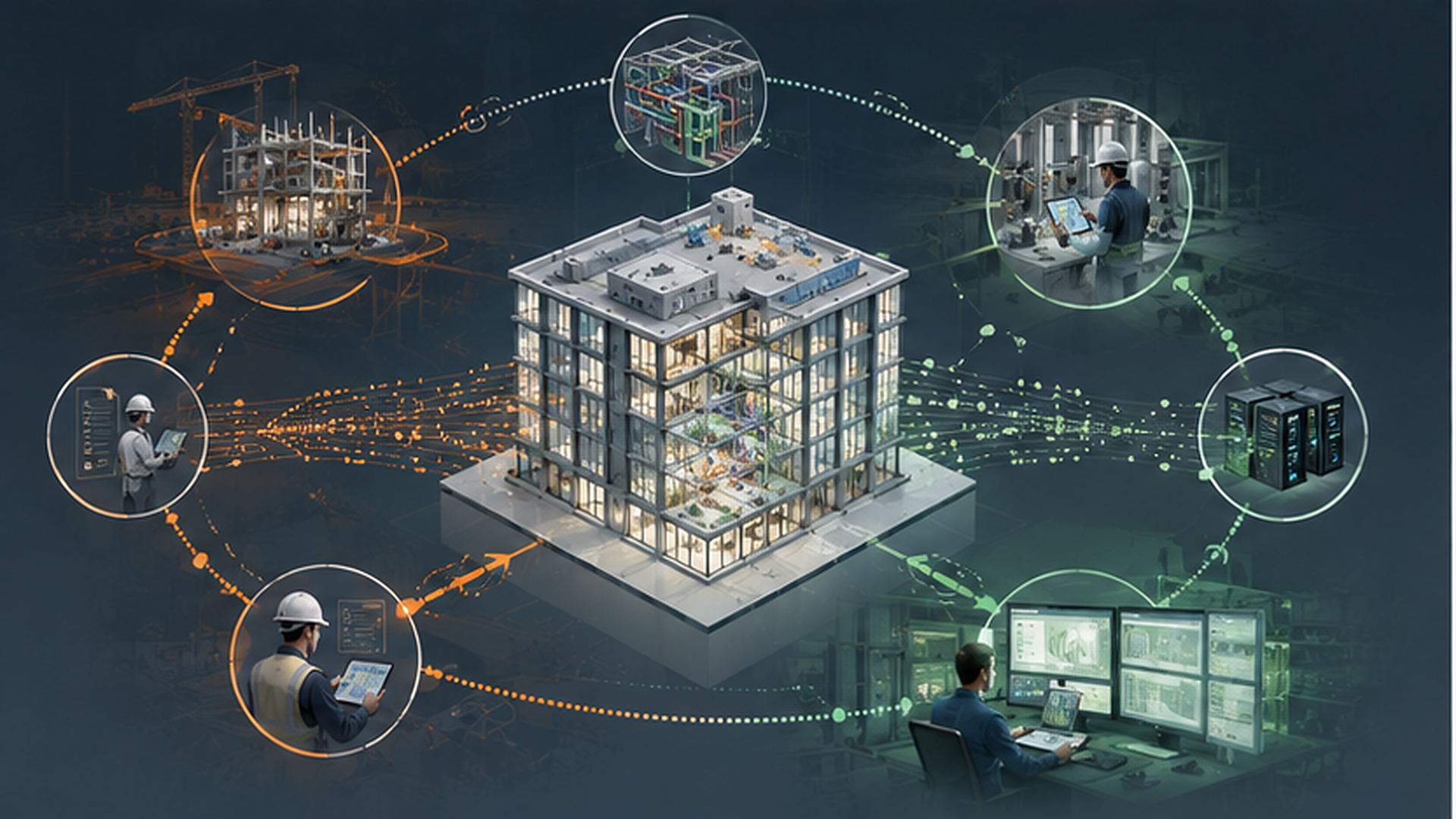 Conceptual illustration of a building information ecosystem connecting construction activities, asset data, project teams, servers, and facility operations.