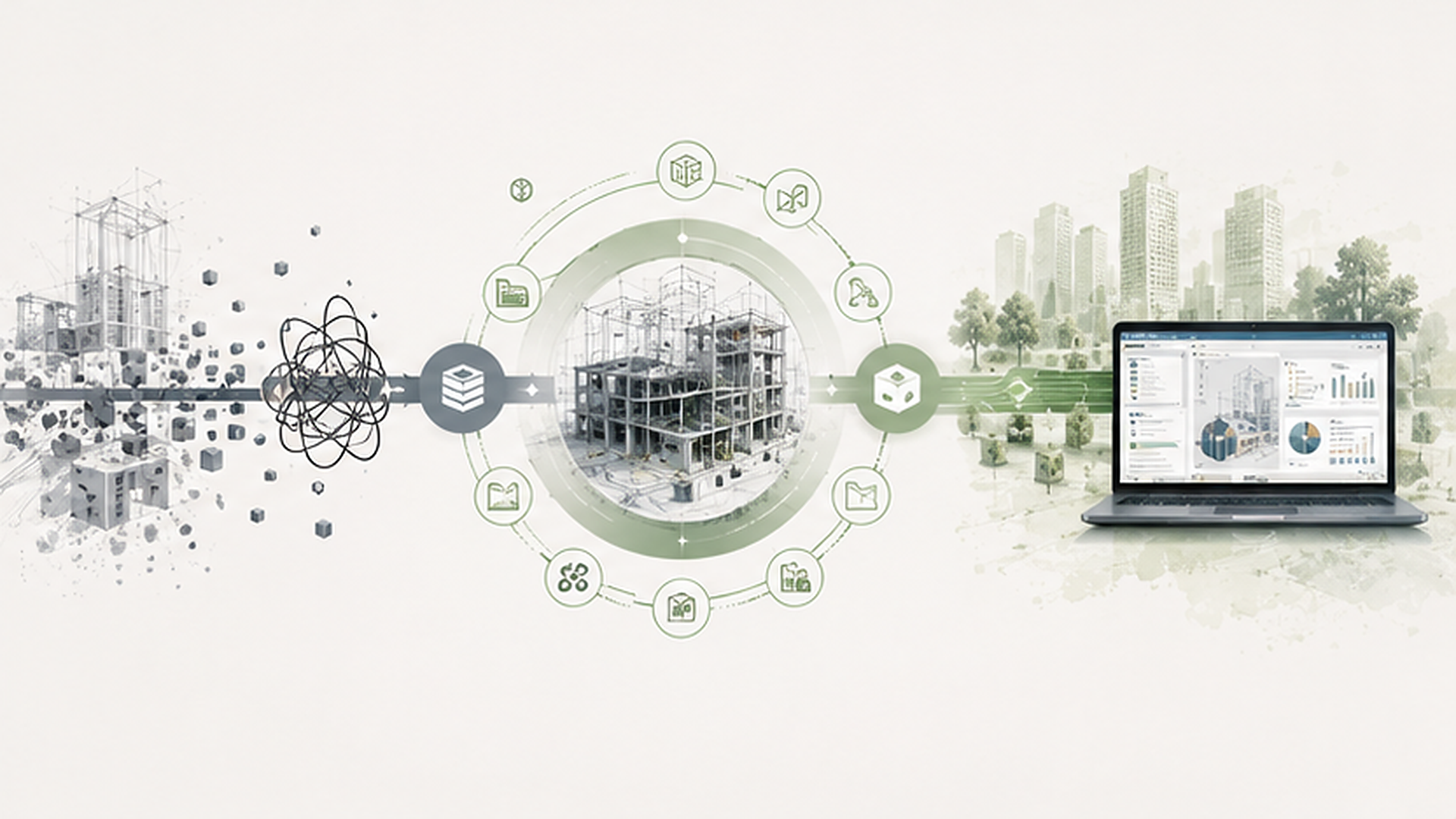 Conceptual illustration of BIM-FM information continuity, showing fragmented construction data becoming structured building information for facility operations.