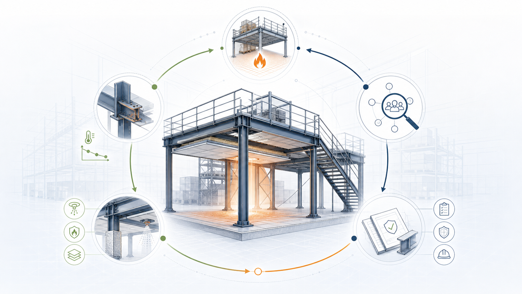 Technical infographic showing an industrial steel mezzanine surrounded by fire-risk assessment, material behaviour, stakeholder analysis, protection strategies, and technical guidance stages.