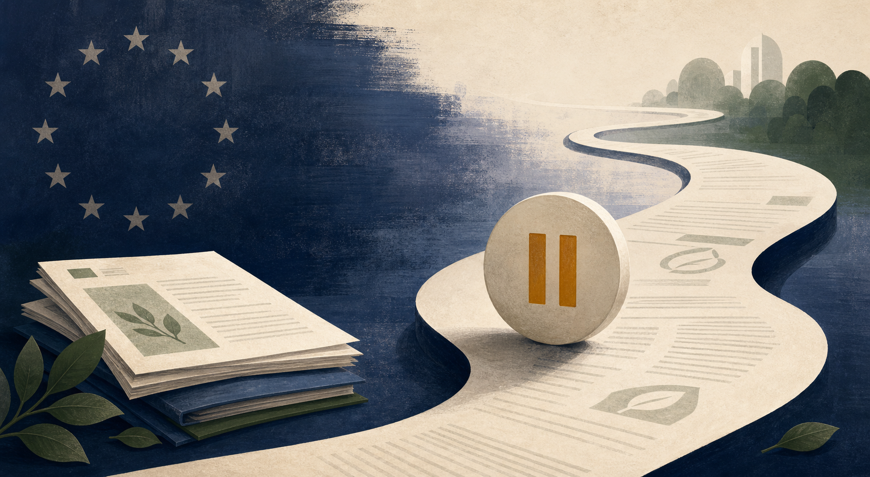 Editorial illustration of European sustainability reporting reaching a measured pause and revised path