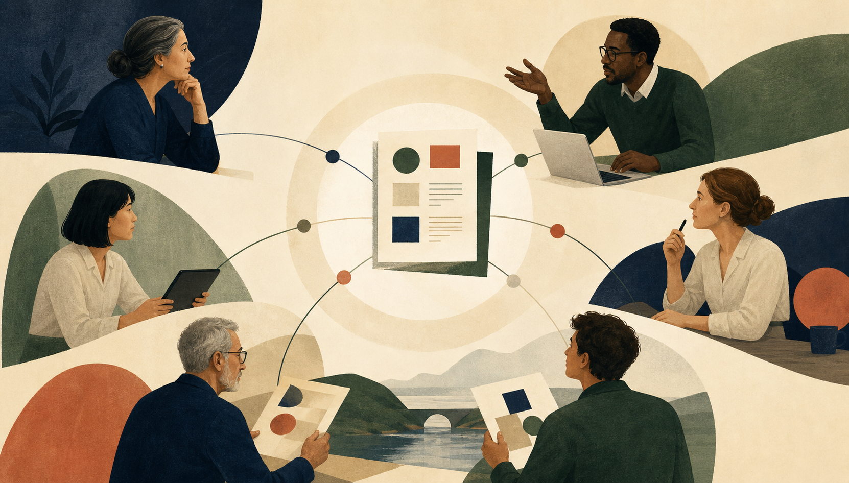 Editorial illustration of multiple contributors coordinating around a shared brief