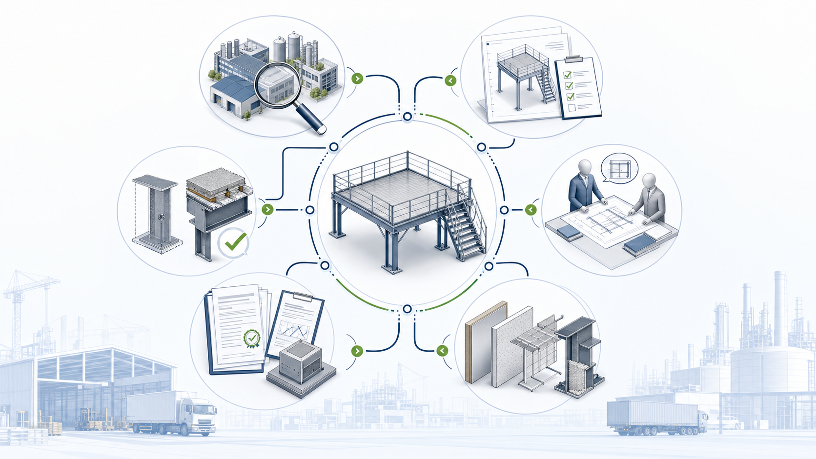 Technical infographic showing a steel mezzanine connected to supplier search, technical briefing, collaboration, system options, evidence collection, and applicability-review stages.