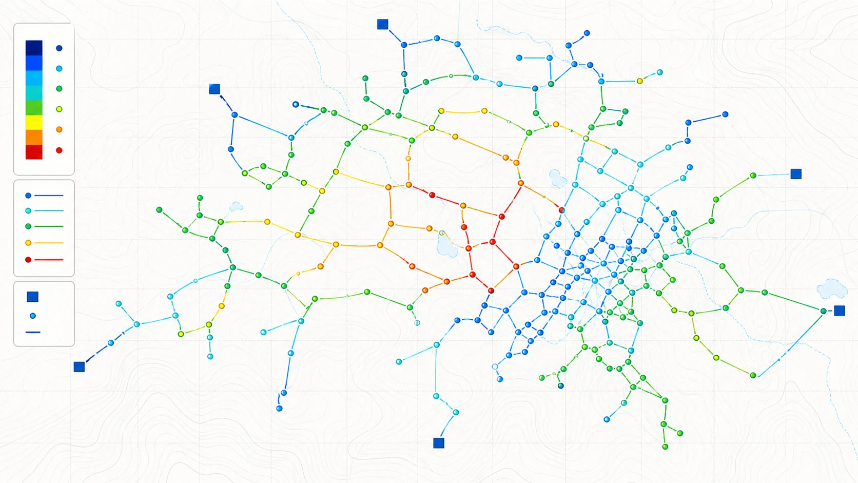 An EPANET-inspired hydraulic model showing color-coded pipes, junction nodes, reservoirs, and rural water-distribution branches
